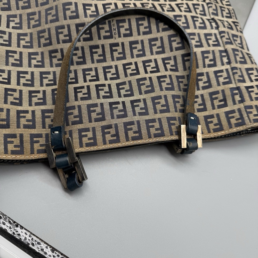 Fendi Zucca FF Monogram Tote Bag Blue Leather Trim Italy W/ COA & Dustbag Vtg - Picture 10 of 13